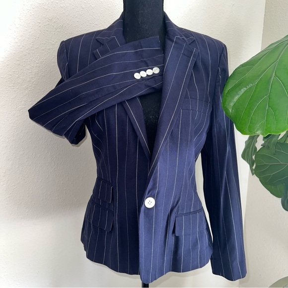 Ralph Lauren Women’s Rugby Single Breast White Pinstriped Navy Blue Blazer NWT - Picture 11 of 15